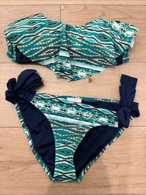 Jessica Simpson Teal & Navy Striped Bandeau Bikini Set